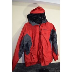 Columbia Omni-Tech Packable Red Gray Hooded Windbreaker Jacket MENS M FLAW